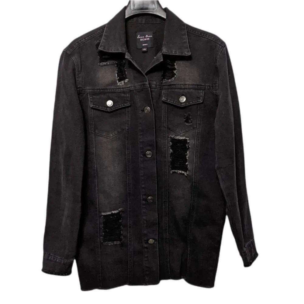 LOVE TREE Distressed Denim Black Long Jacket S